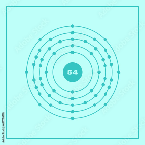 Bohr model representation of the xenon atom, number 54 and symbol Xe.
Conceptual vector illustration of xenon atom and electron configuration 2, 8, 18, 18, 8.