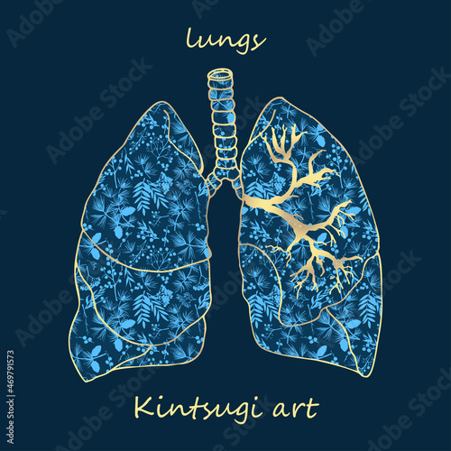 Porcelain lungs decorated blue plant pattern decorated golden craquelure in kintsugi art style. Modern upcycling eco trend. Good design for fashion t-shirt, fabric, scrapbooking, stickers Vector