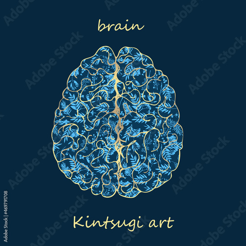 Porcelain brain decorated blue plant pattern decorated golden craquelure in kintsugi art style. Modern upcycling eco trend. Good design for fashion t-shirt, fabric, scrapbooking, stickers Vector