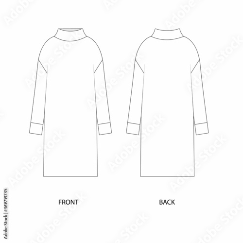 Vector illustration of a turtleneck dress. Dress technical sketch. Long sweater dress template design.