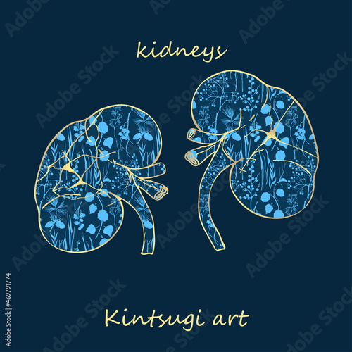 Porcelain kidneys decorated blue plant pattern decorated golden craquelure in kintsugi art style. Modern upcycling eco trend. Good design for fashion t-shirt, fabric, scrapbooking, stickers Vector