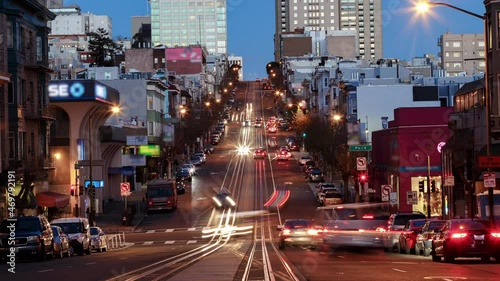 Time lapse day to night transition of California Street during rush hour in San Francisco