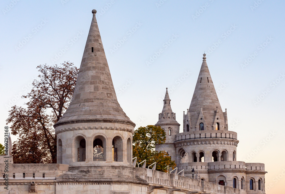 Towers of Fisherman Bastion at sunrise, Budapest, Hungary