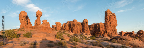 Scenic landscape of boulders in the evening light in Arches National Park