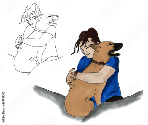 Vector printable illustration, line-art and colored version: Woman hugs her dog, children's coloring book set