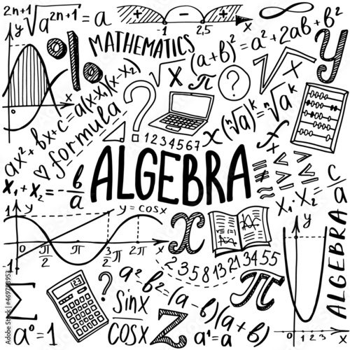 Maths symbols icon set. Algebra or mathematics subject doodle design. Education and study concept. Back to school sketchy background for notebook, not pad, sketchbook. Hand drawn illustration.