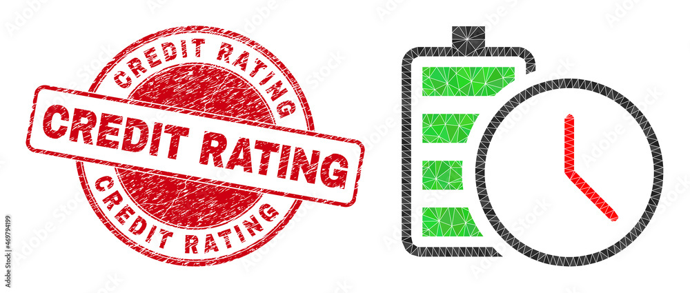 Lowpoly polygonal battery charge time icon illustration with Credit Rating dirty seal. Red stamp seal contains Credit Rating tag inside round shape. Lowpoly polygonal battery charge time icon illustration with Credit Rating dirty seal. Red stamp seal contains Credit Rating tag inside round shape.