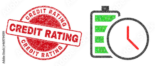 Lowpoly polygonal battery charge time icon illustration with Credit Rating dirty seal. Red stamp seal contains Credit Rating tag inside round shape.