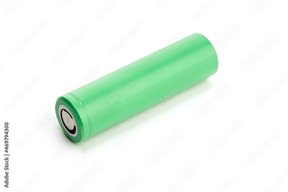 Green battery isolated on white background. Blank 18650 Li-ion battery Green battery isolated on white background. Blank 18650 Li-ion battery