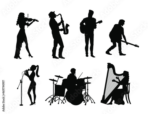 Musicians playing violin, acoustic guitar, electric guitar, saxophone, drums, harp and woman singing silhouette vector illustration