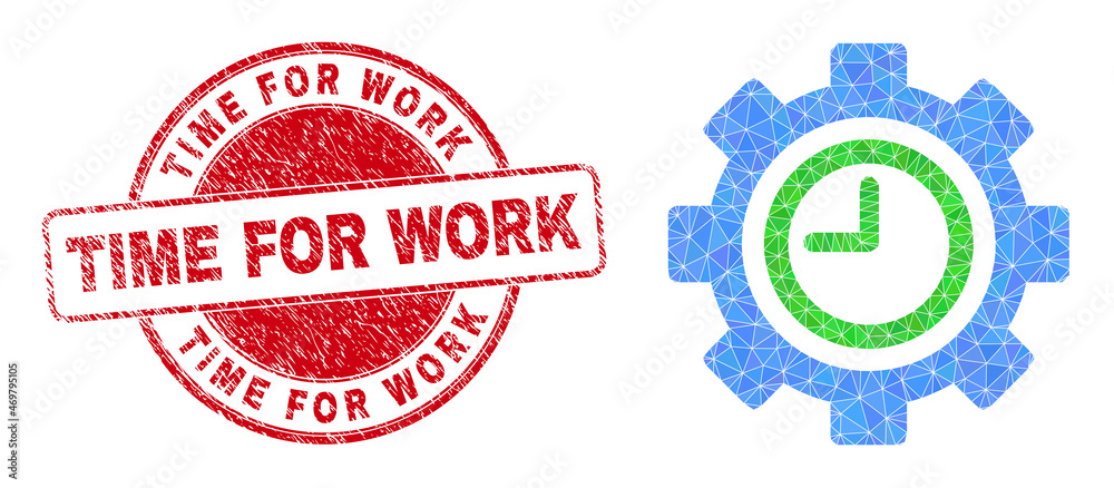 Lowpoly polygonal clock settings gear symbol illustration, and Time for Work unclean stamp. Red stamp has Time for Work title inside circle shape. Clock settings gear icon is filled using triangles. - obrazy, fototapety, plakaty 