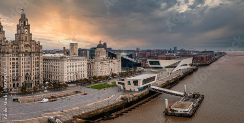 Beautiful panorama of Liverpool waterfront in the evening sunset. Liverpool aerial view. © Aerial Film Studio