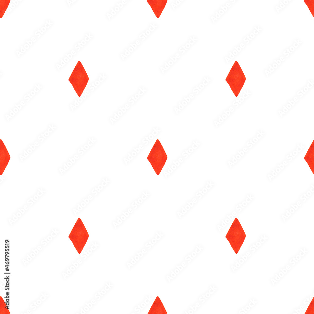 Geometric seamless pattern with small red hand painted rhombuses on white background. For textile, print, etc.