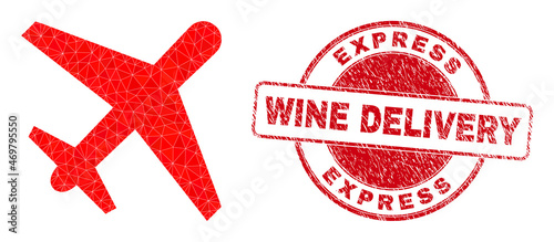Lowpoly polygonal airplane icon illustration, and Express Wine Delivery textured stamp. Red stamp contains Express Wine Delivery title inside round shape. Airplane icon filled with triangles.