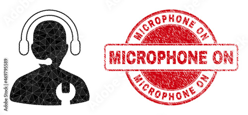 Low-Poly polygonal call center serviceman icon illustration with Microphone On textured seal imitation. Red stamp seal has Microphone On title inside round it.