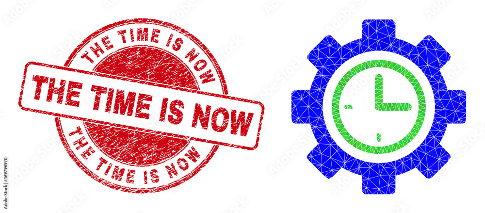 Low-Poly polygonal clock setup wheel symbol illustration, and The Time Is Now unclean seal imitation. Red seal contains The Time Is Now title inside circle it. Low-Poly polygonal clock setup wheel symbol illustration, and The Time Is Now unclean seal imitation. Red seal contains The Time Is Now title inside circle it.