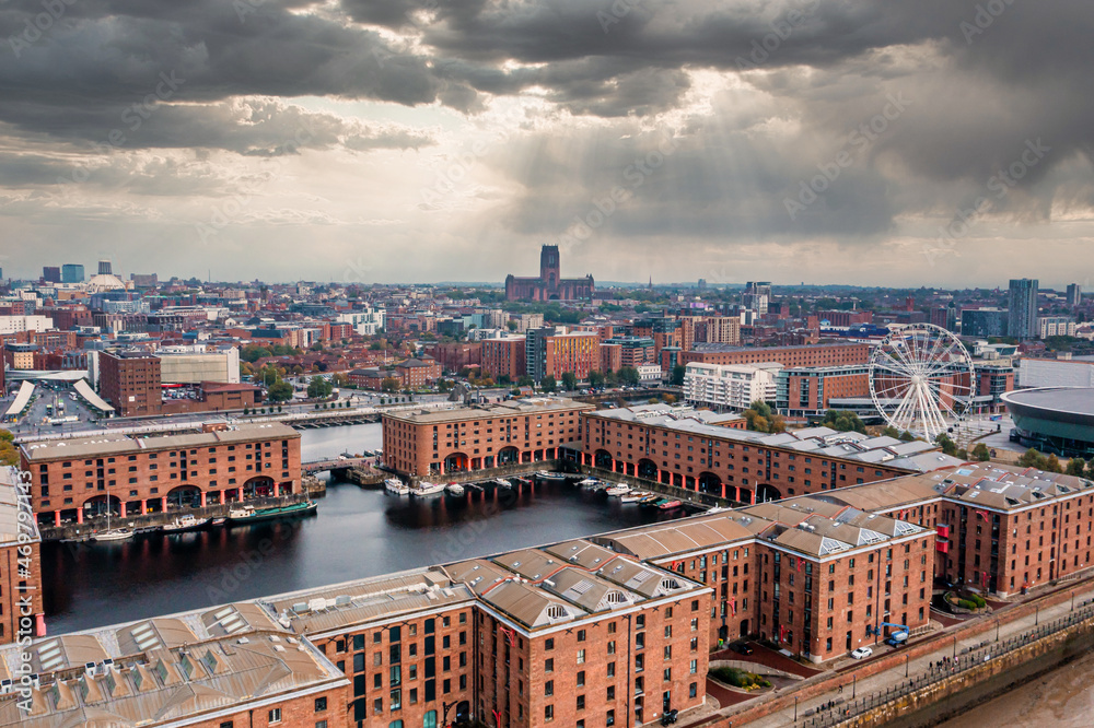 Aerial view of the Liverpool skyline including the Roman Catholic Cathedral church and the Mersey