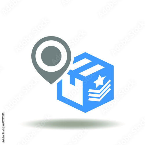 Vector illustration of box with army symbol and location map pointer. Military logistics and procurement goods. Icon of army mail parcels delivery. photo