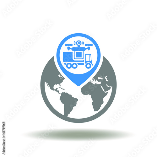 Vector illustration of earth planet with location map pointer and truck with drone. Icon of GIS Geographic Information System. Symbol of Global Logistics Procurement Delivery Technology.