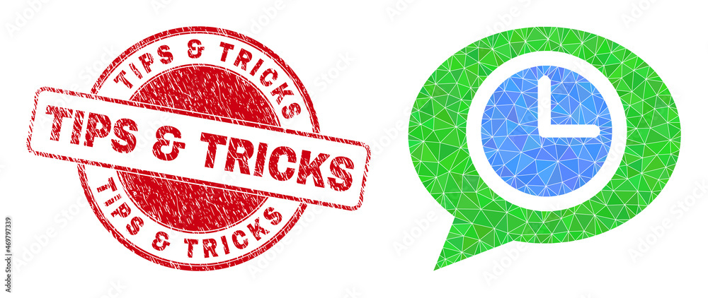 Low-Poly polygonal clock message balloon icon illustration with TIPS & TRICKS grunge watermark. Red stamp has Tips & Tricks tag inside round form. Clock message balloon icon is filled using triangles. Low-Poly polygonal clock message balloon icon illustration with TIPS & TRICKS grunge watermark. Red stamp has Tips & Tricks tag inside round form. Clock message balloon icon is filled using triangles.