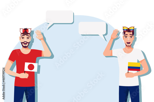 Vector illustration of people speaking the languages of Japan and Colombia. Illustration of translation, transcription and dialogue between Japan and Colombia.