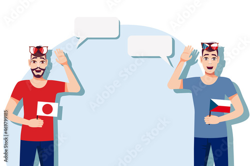 Men with Japanese and Czech flags. Background for text. Communication between native speakers of Japan and Czech. Vector illustration.