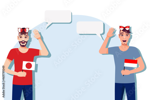 Men with Japanese and Indonesian flags. Background for text. Communication between native speakers of Japan and Indonesia. Vector illustration.