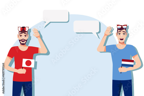 Men with Japanese and Dutch flags. Background for the text. Communication between native speakers of the language. Vector illustration.