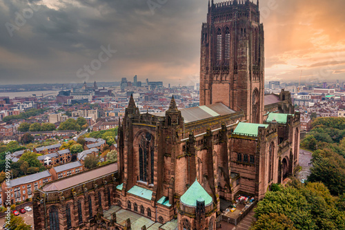 Aerial view of the Liverpool Cathedral or the Cathedral Church of the Risen Christ in Liverpool, UK