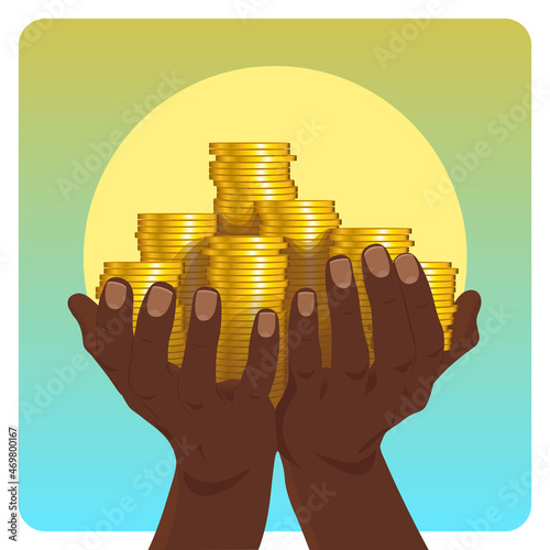 Pile of gold coins on two hands with palm up