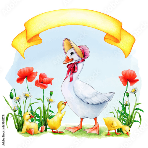 watercolor hand drawn goose family illustration