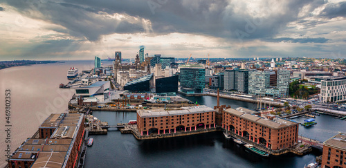 Aerial view of the Liverpool skyline including the Roman Catholic Cathedral church and the Mersey