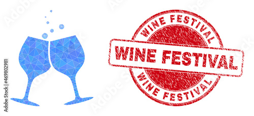 Low-Poly polygonal alcohol glasses cheers 2d illustration, and Wine Festival unclean seal. Red seal has Wine Festival title inside round form. Alcohol glasses cheers icon filled with triangles.