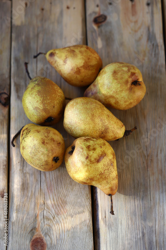 Ripe yellow pears on a wooden surface. Late autumn pears.