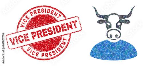 Low-Poly polygonal bull boss icon illustration, and Vice President rubber seal. Red stamp contains Vice President tag inside circle form. Bull boss icon is filled with triangles.