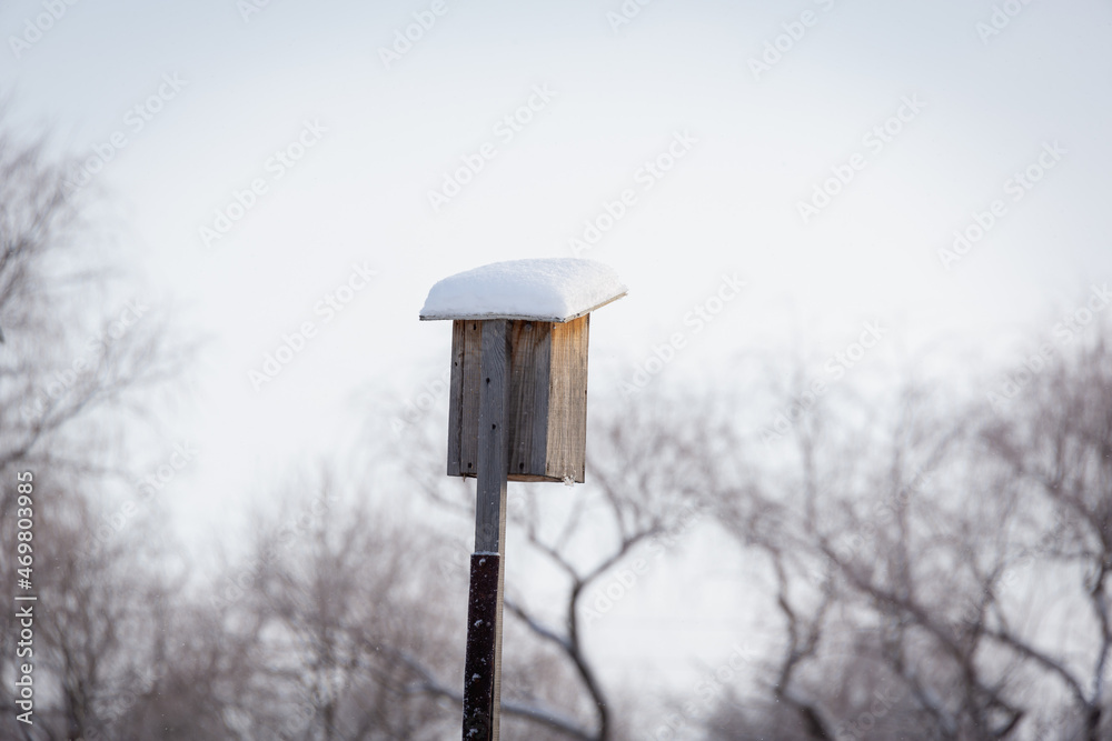 Wooden birdhouse for birds with snow on the roof, fine snow is falling. Wooden birdhouse for birds with snow on the roof, fine snow is falling.
