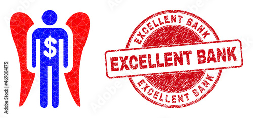 Low-Poly triangulated angel investor icon illustration with EXCELLENT BANK textured stamp seal. Red seal contains Excellent Bank text inside circle shape.