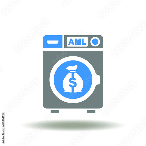 Vector illustration of washing machine with money bag. Icon of AML Anti Money Laundering. Symbol of stop bribery and corruption.
