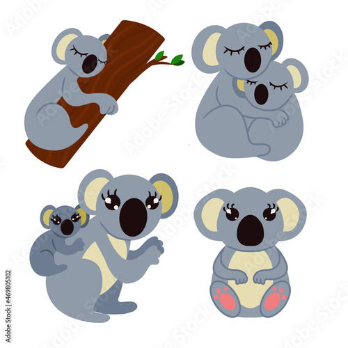 Adorable gray koala in various poses. One sleeping on tree a couple of koalas hugging mother koala with baby and cute sitting koala. Image isolated on white background. Vector illustration. Design photo