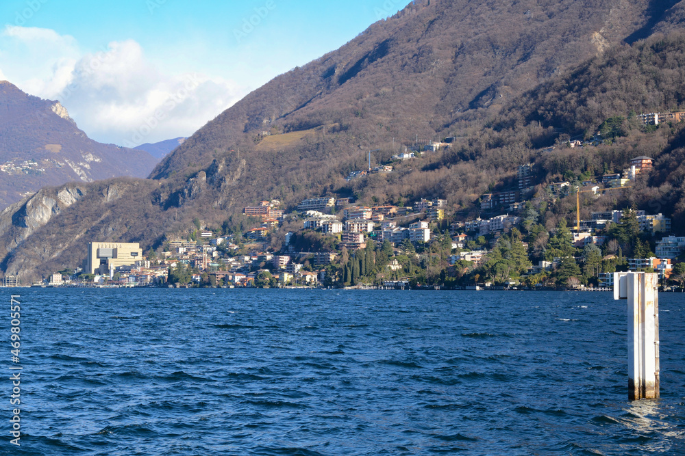 Fototapeta premium Panoramica di Campione d'Italia dal Ponte Diga.