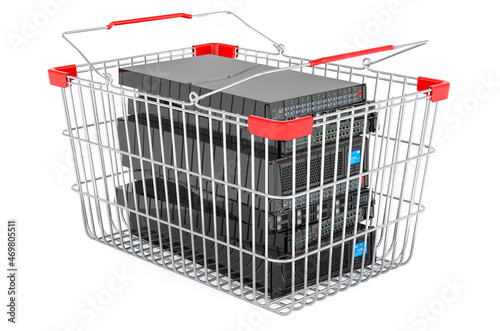 Shopping basket with server equipment, 3D rendering