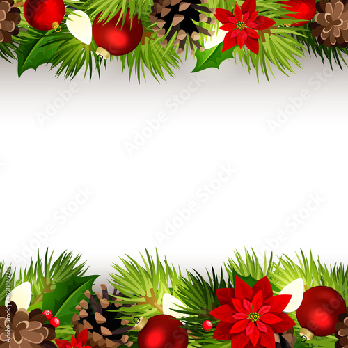 Fototapeta Naklejka Na Ścianę i Meble -  Vector Christmas horizontal seamless background with fir branches, red balls, pine cones, poinsettia flowers, and lamps. Greeting or invitation card.