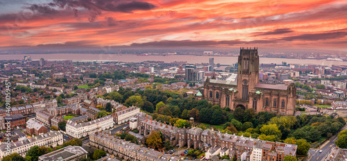 Aerial view of the Liverpool Cathedral or the Cathedral Church of the Risen Christ in Liverpool, UK