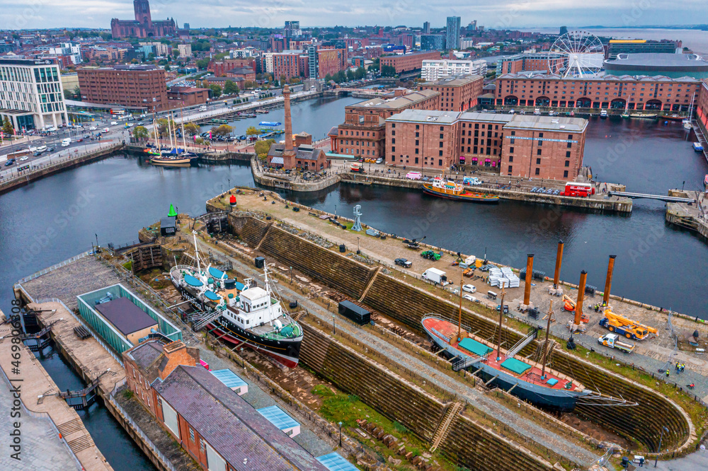 Edmund Gardner ship in dry dock in Liverpool, England. Aerial view of Liverpool.