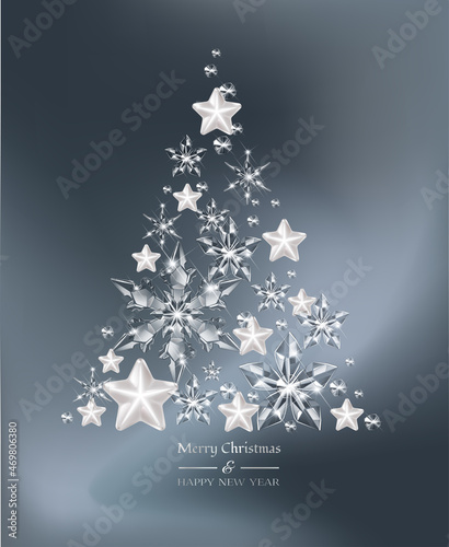 Christmas background with Christmas Tree made of glass transparent balls and snowflakes. New Year concept