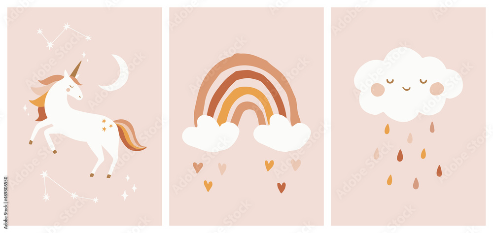 Scandinavian Style Kids Room Decoration. Cute Hand Drawn Unicorn, Rainbow and Cloud. Nursery Wall Art for Baby Boy And Baby Girl. Vector Illustration Set Ideal for Cards, Invitations, Posters. - obrazy, fototapety, plakaty 