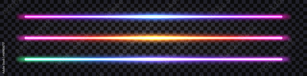 Laser neon glowing sticks, gradient rainbow light effect. Laser iridescent  beams, fluorescent electric shine lines, luminous stripes. Design element  isolated, vector illustration Stock Vector
