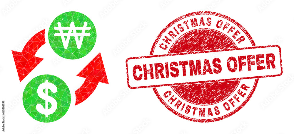 Low-Poly polygonal dollar exchange korean won icon illustration with CHRISTMAS OFFER rubber stamp. Red stamp seal includes Christmas Offer caption inside round shape. Low-Poly polygonal dollar exchange korean won icon illustration with CHRISTMAS OFFER rubber stamp. Red stamp seal includes Christmas Offer caption inside round shape.