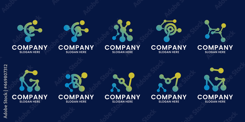 set of letter logo with dot molecule concept