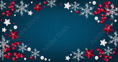 Christmas decorative border and background made of festive decoration elements. New Year concept.
